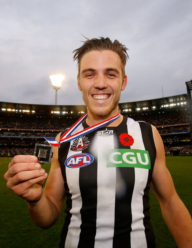 AFL 2015 Rd 04 - Essendon v Collingwood Winner of the ANZAC Medal, Paul Seedsman of the Magpies after the 2015 AFL Round 04 ANZAC Day match between the Essendon Bombers and the Collingwood Magpies at the MCG, Melbourne on April 25, 2015. (Photo: Darrian Traynor/AFL Media)